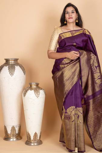 Eggplant purple and pastel green kanjivaram pattu saree