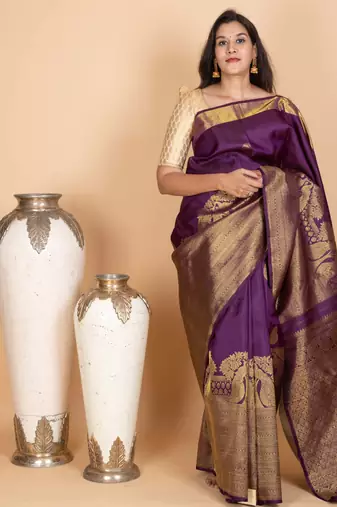 Eggplant purple and pastel green kanjivaram pattu saree