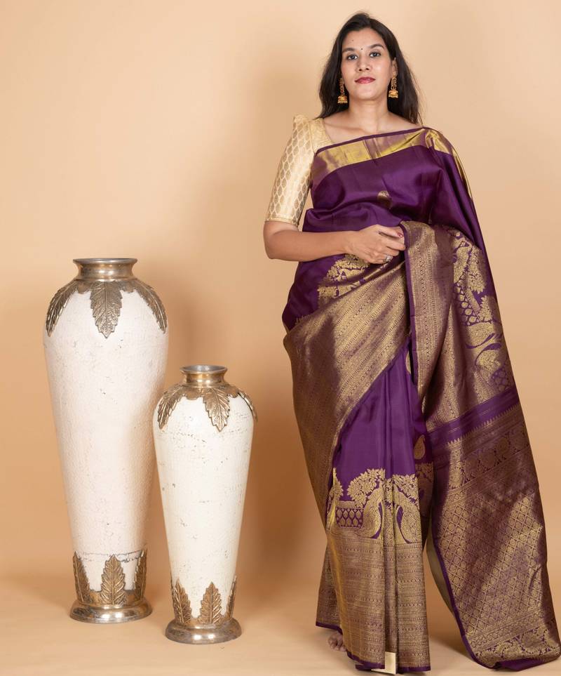 Eggplant purple and pastel green kanjivaram pattu saree