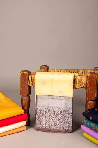 Yellow and chocolate pure touch silk saree  please change