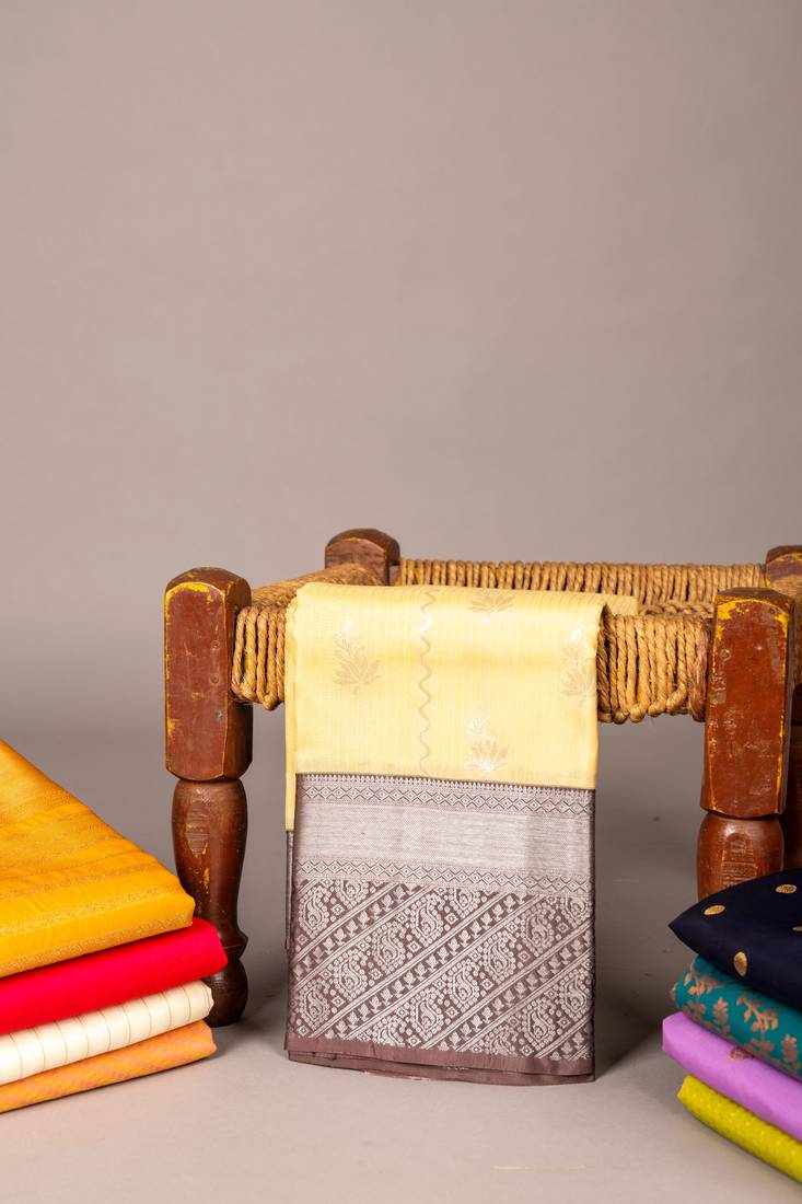 Yellow and chocolate pure touch silk saree  please change