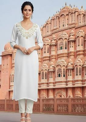 White embroidered rayon kurta set 3