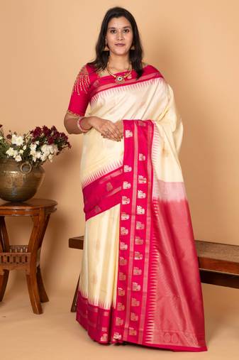 Egg shall white and pink traditional pure kanchi silk saree