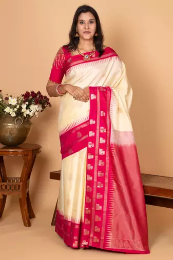 Egg shall white and pink traditional pure kanchi silk saree