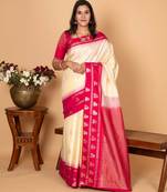 Egg shall white and pink traditional pure kanchi silk saree