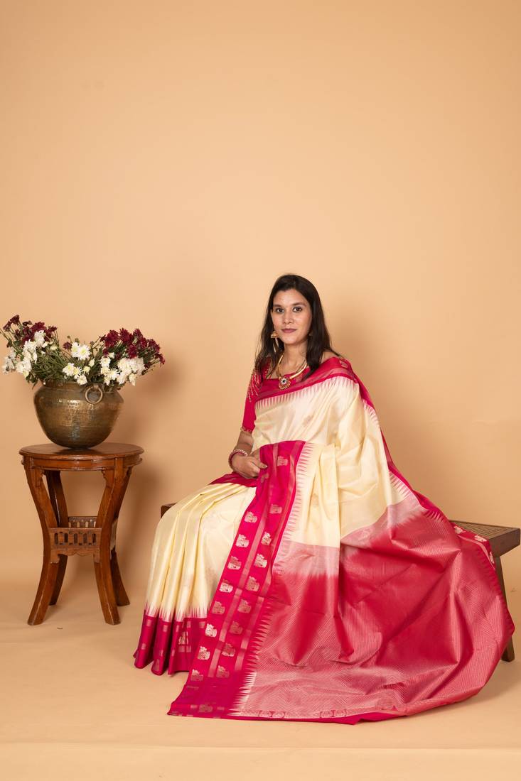 Egg shall white and pink traditional pure kanchi silk saree