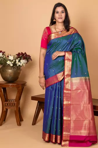Peacock blue and magenta pure kanjivaram silk saree