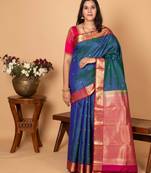 Peacock blue and magenta pure kanjivaram silk saree