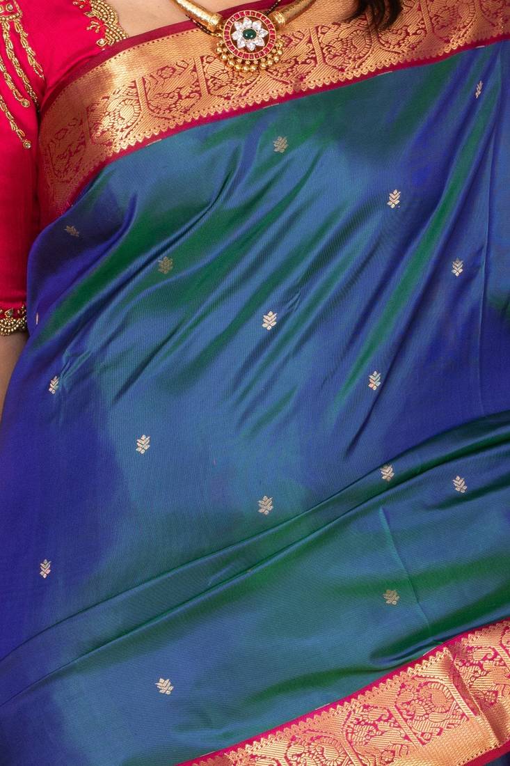 Peacock blue and magenta pure kanjivaram silk saree