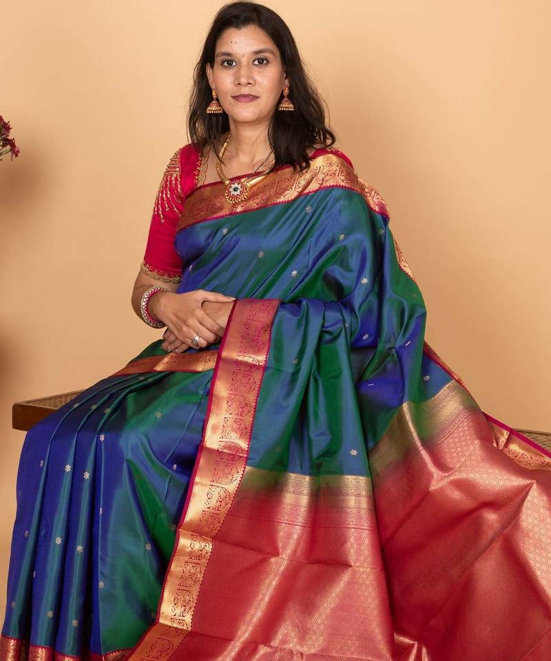 Peacock blue and magenta pure kanjivaram silk saree