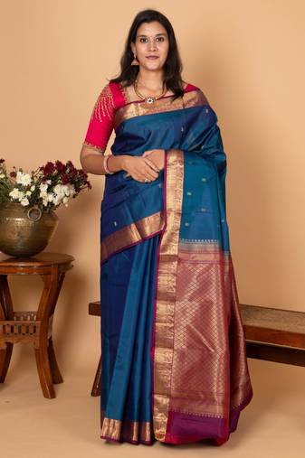 Peacock blue and dual tone purple pure kanjivaram silk saree