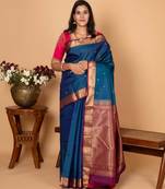 Peacock blue and dual tone purple pure kanjivaram silk saree