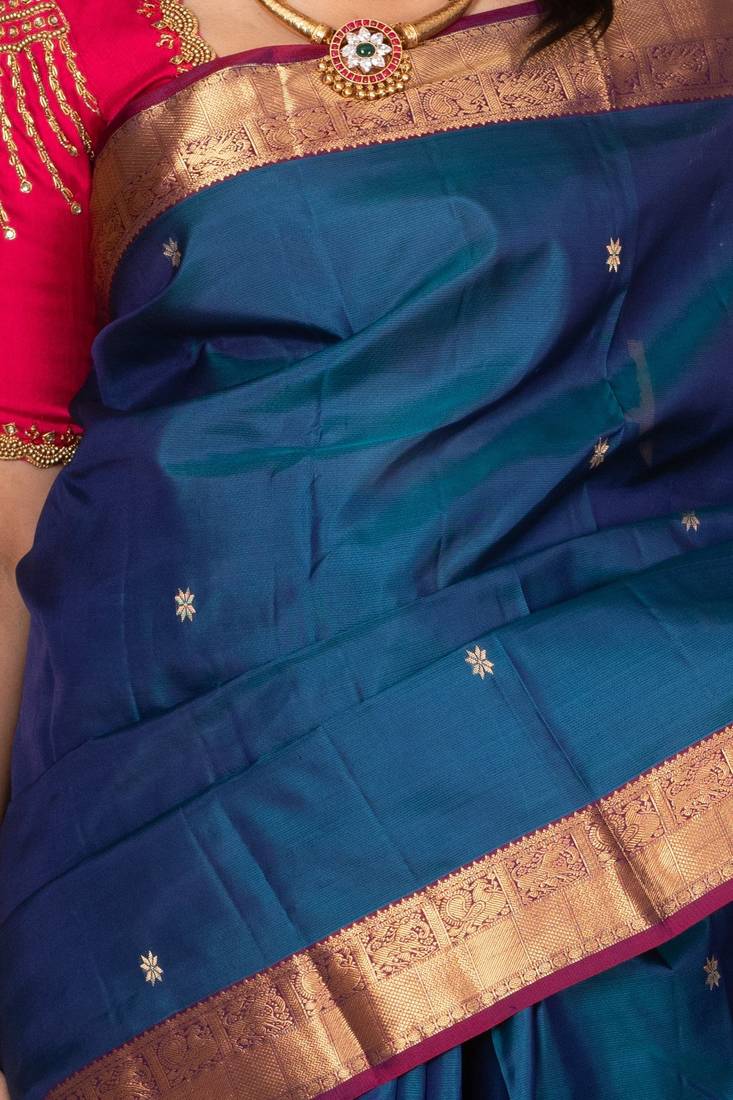 Peacock blue and dual tone purple pure kanjivaram silk saree