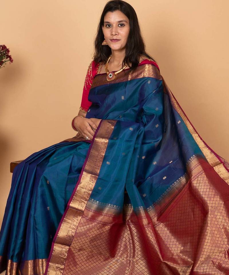 Peacock blue and dual tone purple pure kanjivaram silk saree