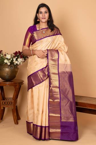 Bone white and blue violet pure kanchi silk saree