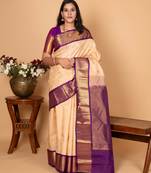 Bone white and blue violet pure kanchi silk saree