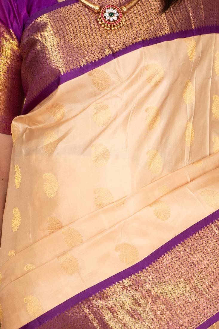 Bone white and blue violet pure kanchi silk saree