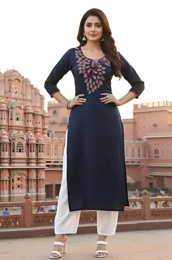 Navy embroidered rayon kurta set