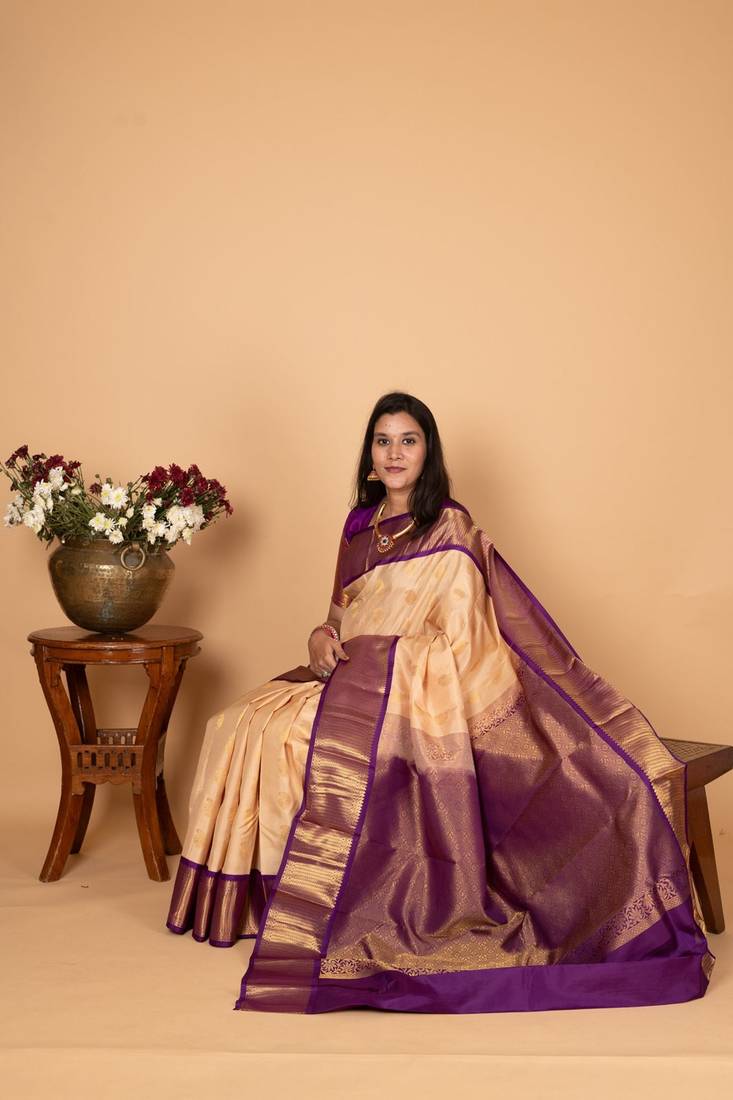 Bone white and blue violet pure kanchi silk saree