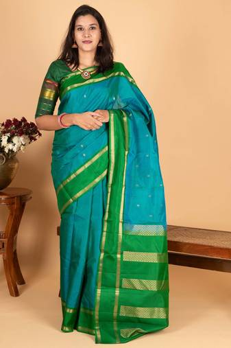 Peacock blue and forest green pure kanjivaram silk saree