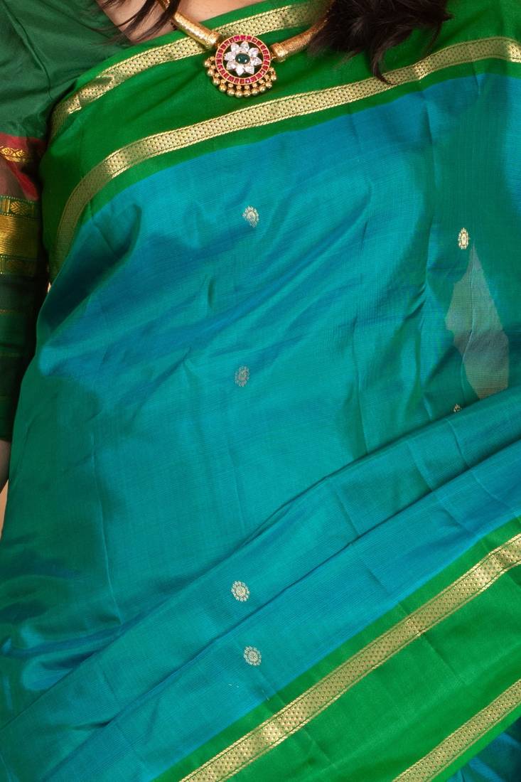 Peacock blue and forest green pure kanjivaram silk saree