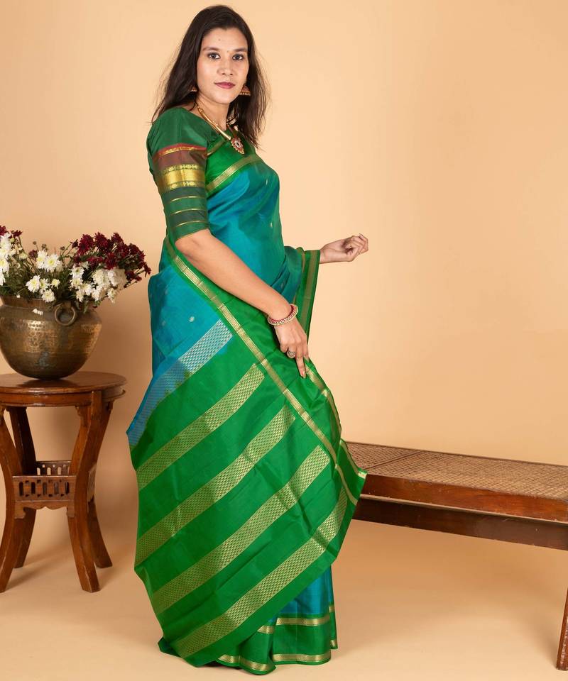 Peacock blue and forest green pure kanjivaram silk saree
