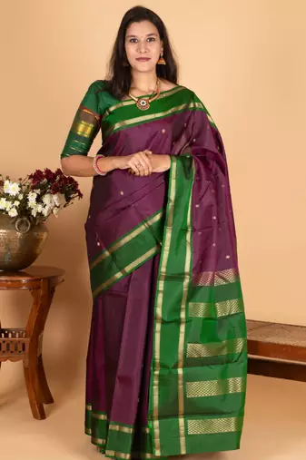 Eggplant purple and bottle green pure kanjivaram silk saree