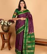 Eggplant purple and bottle green pure kanjivaram silk saree