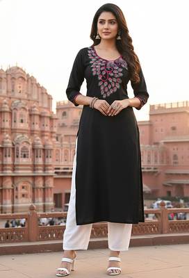 Black embroidered rayon kurta set 3