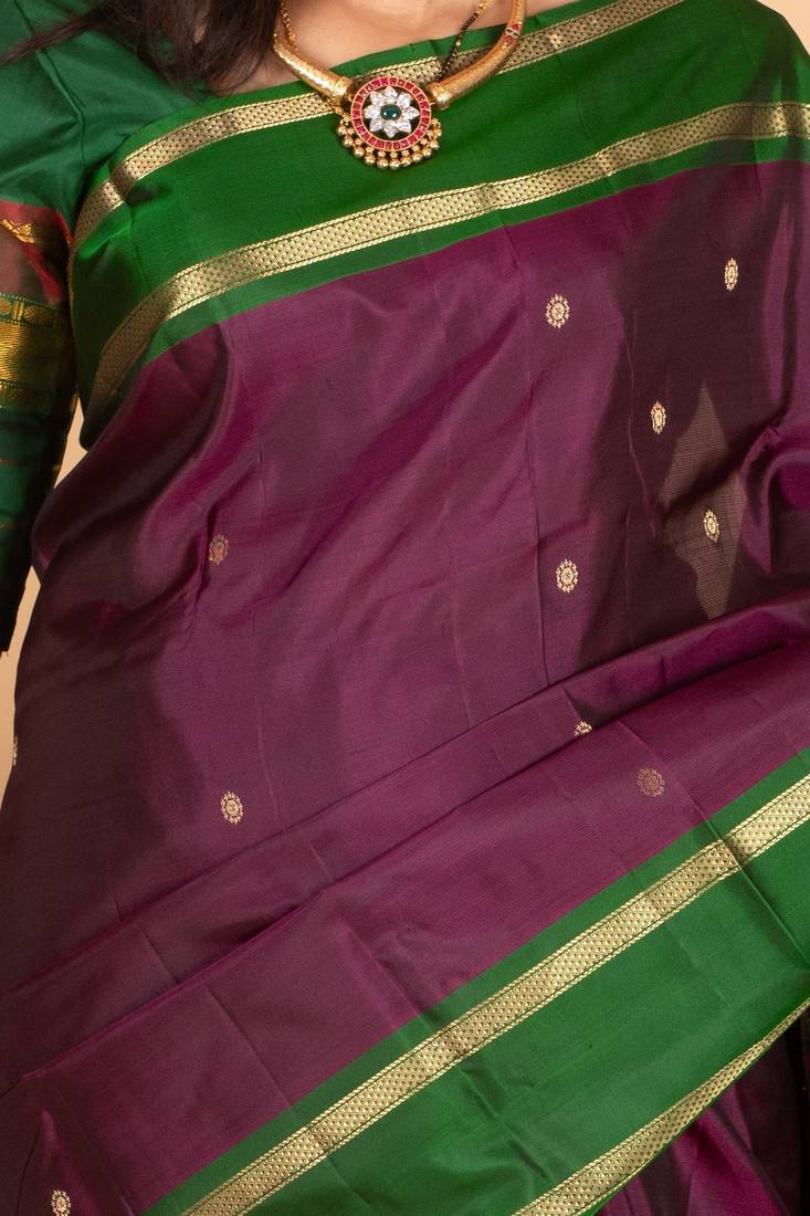 Eggplant purple and bottle green pure kanjivaram silk saree