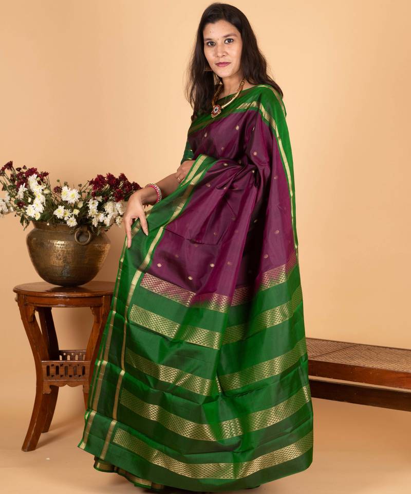 Eggplant purple and bottle green pure kanjivaram silk saree