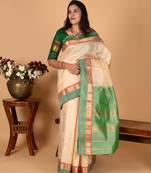 Cream white and dual tone green pure kanjivaram silk saree