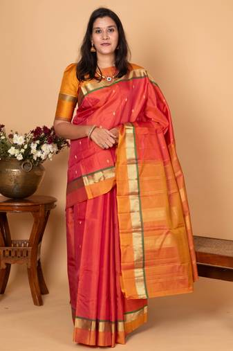 Dual tone orange and dual tone yellow pure kanjivaram silk saree