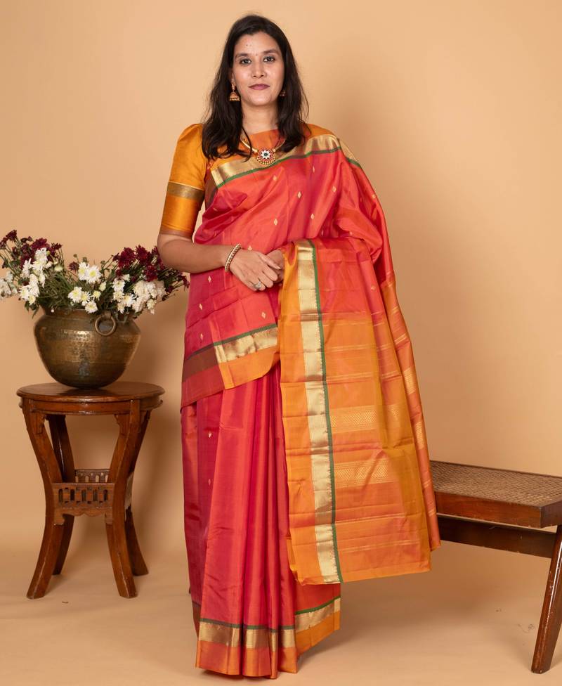 Dual tone orange and dual tone yellow pure kanjivaram silk saree