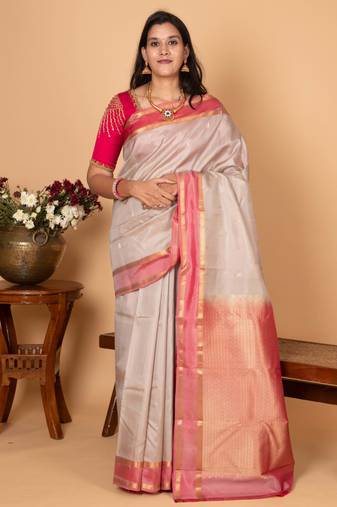 Cement grey and dual tone pink pure kanjivaram silk saree