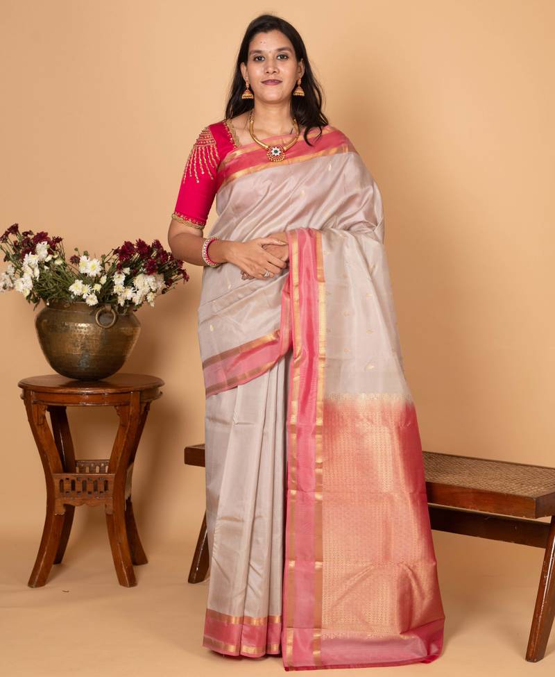 Cement grey and dual tone pink pure kanjivaram silk saree
