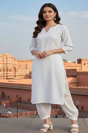 White embroidered rayon kurta set