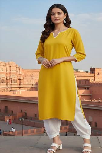 Yellow embroidered rayon kurta set