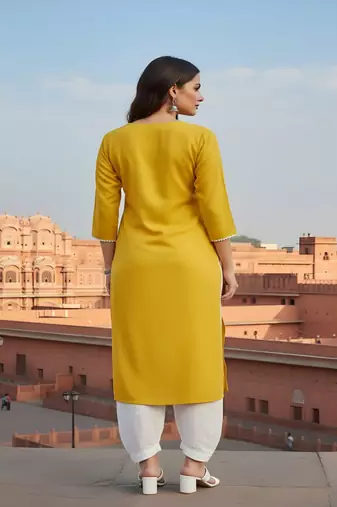 Yellow embroidered rayon kurta set