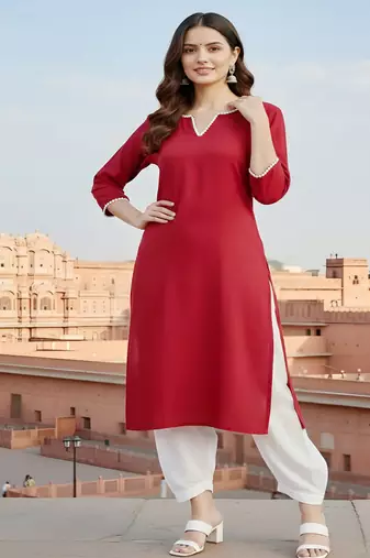 Red embroidered rayon kurta set