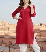 Red embroidered rayon kurta set