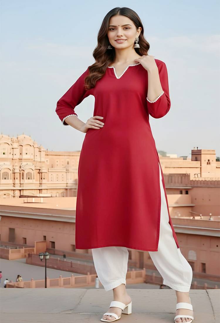 Red embroidered rayon kurta set