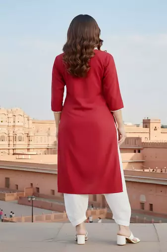 Red embroidered rayon kurta set