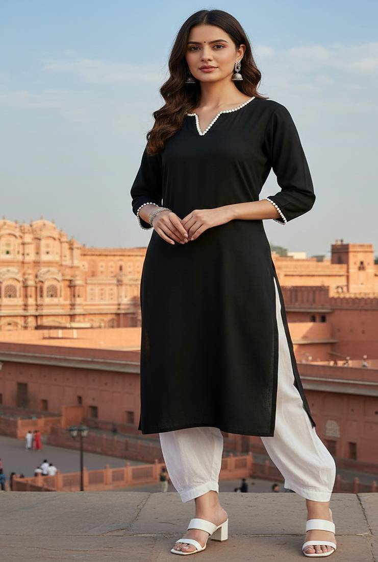 Black embroidered rayon kurta set