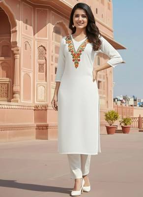 White embroidered rayon kurta set 1