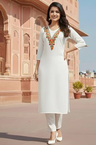 White embroidered rayon kurta set
