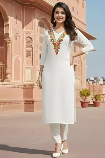 White embroidered rayon kurta set