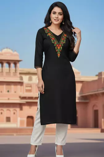Black embroidered rayon kurta set