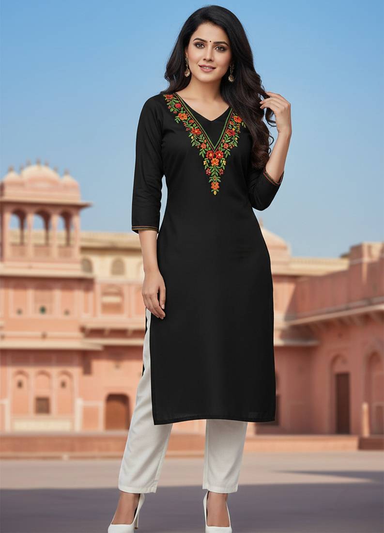 Black embroidered rayon kurta set