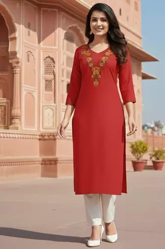 Red embroidered rayon kurta set